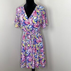 Pappagallo Colorful Floral Wrap Dress With Flutter Sleeves & Tie Waist Size S